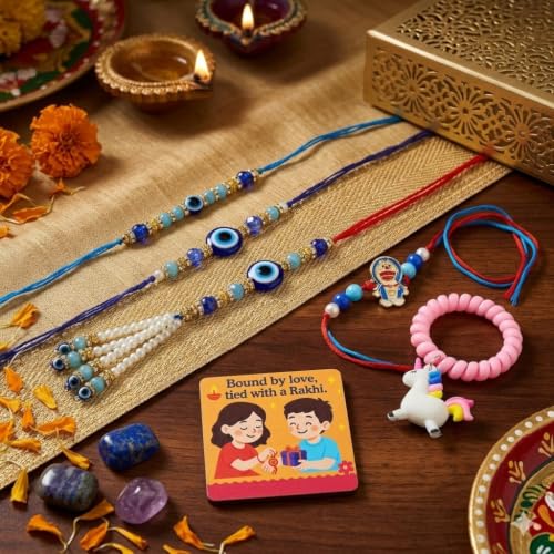 Image of SAUDEEP INDIA Decorative Fridge Magnet for Refrigerator Decor | Free Family Rakhi Set for Bhaiya Bhaiya Kid | Raksha Bandhan Gift Combo | Cotton Thread Rakhi Festive Home Decor(Evil Eye)