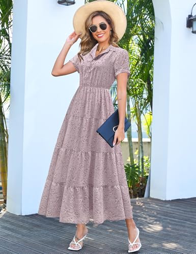 Image of Kranda Women 2026 Summer Collared V Neck Short Sleeve Button Down Chiffon Long Tiered Floral Maxi Dress with Pockets