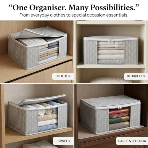 Image of BSB HOME Non-Woven Saree Cover and Clothes Storage Organizer with Transparent Window & Zipper Closure, Foldable Wardrobe Storage Bag for Sarees, Suits and Garments, 45 x 33 x 22 cm (Pack of 6, Grey)