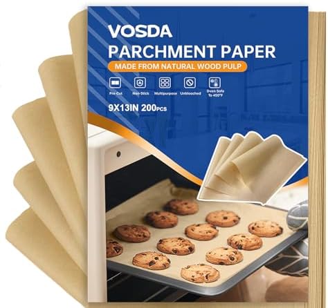 Vosda Parchment Paper Sheets for Baking 9-13 IN 200p Unbleached Precut Non-Stick Parchment Paper Baking for Air Fryer,Baking,Steaming,Oven Suitable For Bread Cake Cookies 200pcs