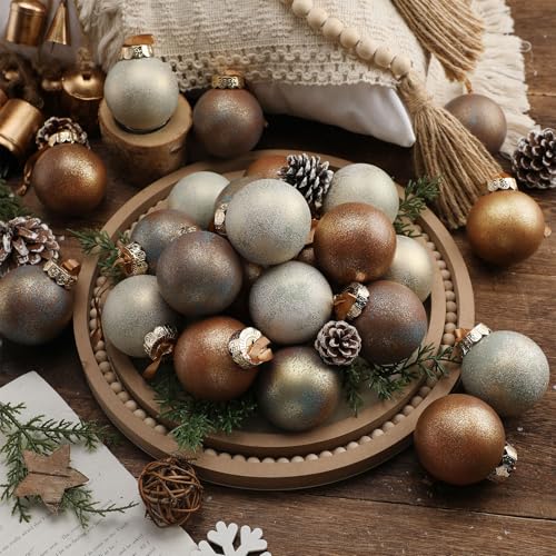 Suilung 24 Pcs Neutral Textured Christmas Ball Ornaments 2.36'' Vintage Christmas Tree Decor Modern Rustic Brown Ornaments with Loop Shatterproof Hanging Ball for Xmas Farmhouse Decor (Earth Color)