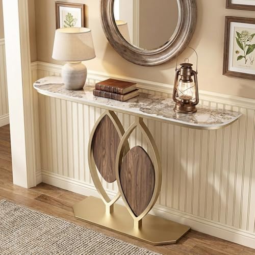 MISXEOE Stone Console Table Gold for Entryway, Modern Foyer Table