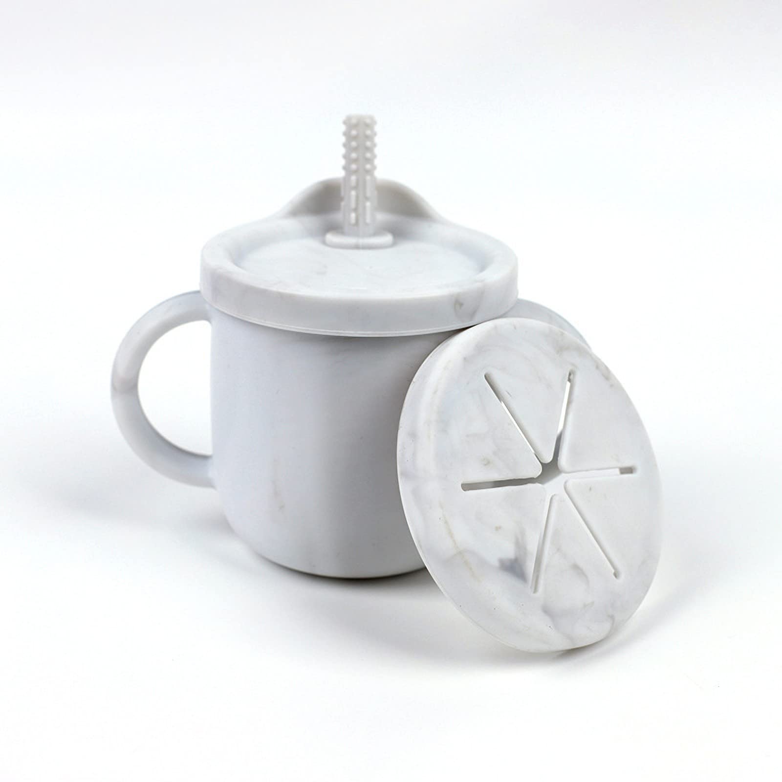 ExceforeToddler Sippy Cup with Lid, Kids Snack Container 2-in-1, Silicone Snack Catcher with Removable Scale, Kids Water Bottle with Straw 8.5 oz (Marbling)