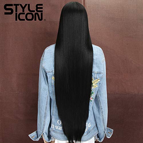 Style Icon 38" Super Long Straight Wigs Lace Front Wigs 6" Deeper Middle Part Wig Black Synthetic Wig (38", 1B) - Image 5