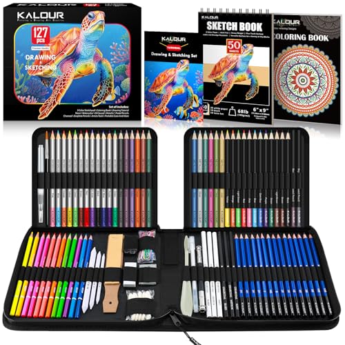 KALOUR PDAS Set da Disegno 127 Pezzi, Kit da Schizzo Professionale con Quaderno da Disegno a 3 Colori e Libro da Colorare, Matite Neon, Colorate, Acquerellabili, Metalliche, di Grafite e di Carbone