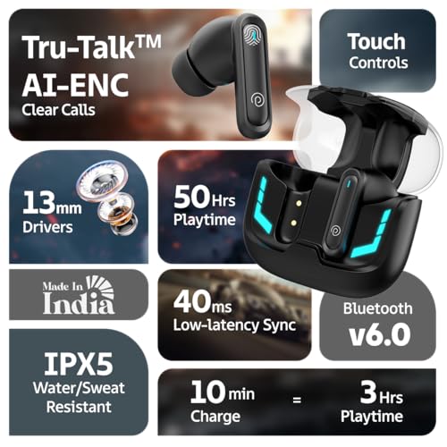 Image of pTron Bassbuds Turbo in-Ear TWS Earbuds w / 40ms Low-Latency, 50Hrs Playtime, Custom EQ, App Support, Dual Mic, TruTalk AI-ENC Calls, Immersive Sound, RGB Lights, Bluetooth V6.0, IPX5 (Raven Black)