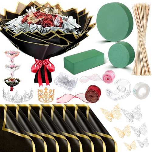 XunYee Bouquet Kit 20 Sheet Flower Wrapping Paper 100 Pcs Bamboo Skewers Floral Foam Blocks for Anniversary Birthday Gift Graduation Mothers Day(Black)