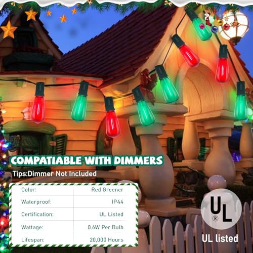 Image of GOOTHY LED ST40 Red and Green Outdoor String Lights, 45FT Patio Lights Waterproof with 30 LED Red Green Shatterproof Bulbs, Hanging Outdoor Light for Home Party Backyard Garden Christmas Decorations