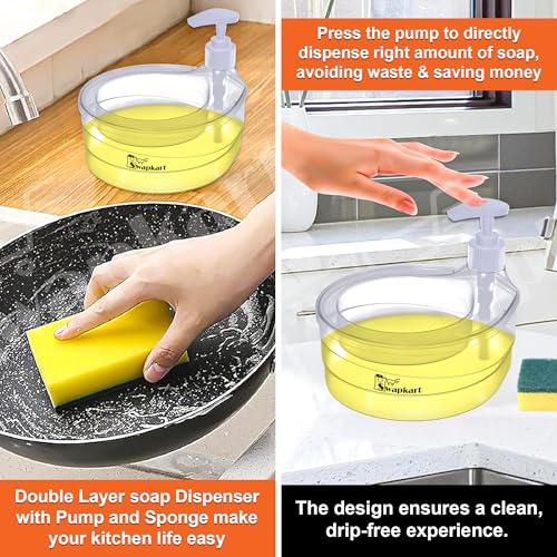 SWAPKART Double Layer Soap Dispenser for Bathroom Accessories Dishwasher Liquid Holder Dispenser Pump with Sponge Holder Kitchen Sink Accessories Items for Home Kitchen Gardening(transaprent mily) 5 51To6SNs0+L