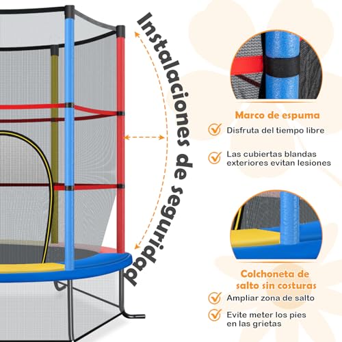 Miniatura 7 de Costway Cama Elastica Infantil Ø 109cm, Trampolines Con Red De Seguridad Y Almohadilla Para Muelles Para Niños De 3-6 Años, Redonda De Metal Carga Estática 135kg Coloreado