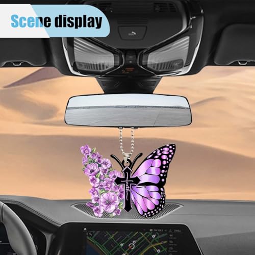 Butterfly Car Rearview Mirror Accessories, Acrylic Hanging Car Rear View Mirror Charm, Lovely Flower Car Ornament Pendant for Home Decoration Keepsake Christmas Valentine\'s Day Present (Purple)