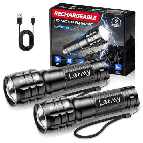LETMY 2 Pack Rechargeable Flashlights 3 Modes Zoomable LED Flashlights