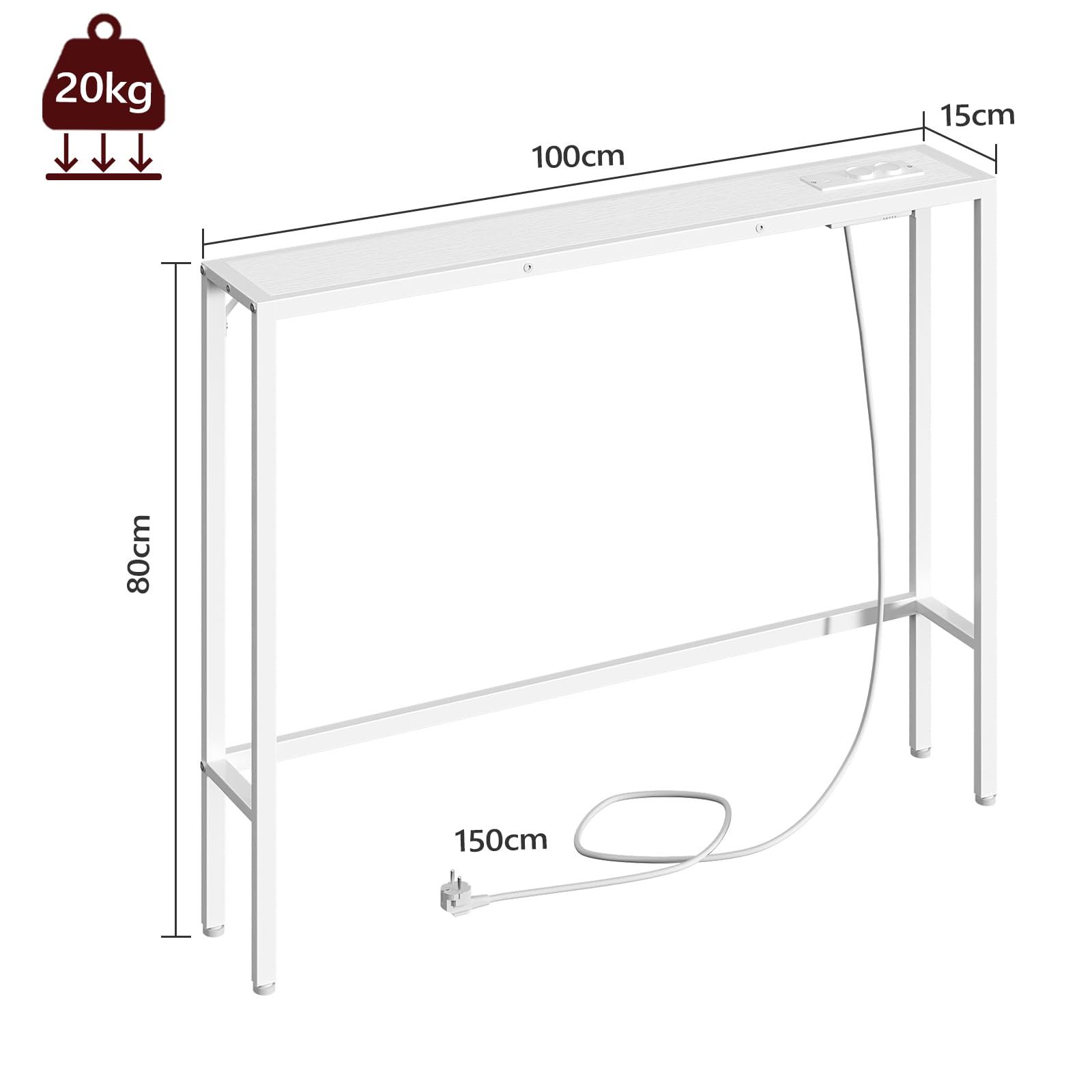 MAHANCRIS Tavolo Consolle da 100 cm, Consolle d'Ingresso con Prese e Porte USB, Tavolino Stretto per Divano, Corridoio, per Soggiorno, Camera da Letto, Corridoio, Bianco ACTWT968UE01