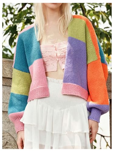 Image of MakeMeChic Women's Colorblock Colorful Open Front Cardigan Sweaters Lantern Sleeve Knitted Y2K Cardigan Multicolor Medium