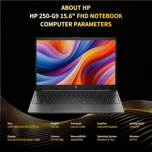 Image of HP 250 G9 Premium Business Laptop - 15.6 inch FHD 1080p Display, Intel i3-1315U CPU, Windows 11 Pro, Numeric Keypad, 16GB RAM, 512GB SSD, Wi-Fi 6, All-Day Performance for Work & Study, with Accessories