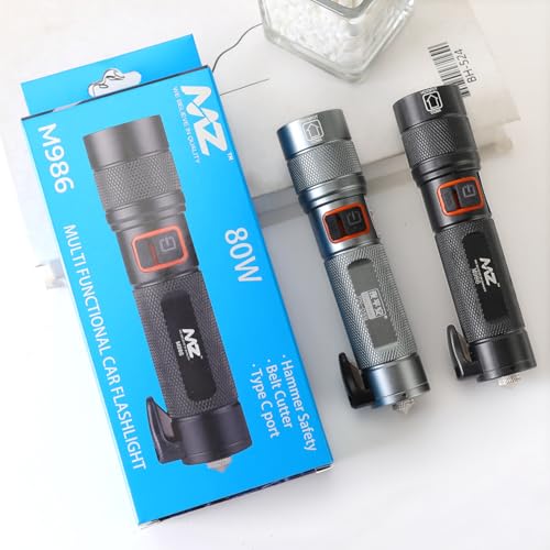 Image of MZ M986 Car Emergency LED Light - Black | with 4 Different Modes, Hammer and Seatbelt Cutter | Zoomable Torch Emergency Car Escape Tool | Window Breaker