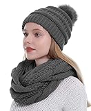 Womens Scarf Beanie Hat Set Thick Winter Infinity Scarf Knit Scarfs for Women (Grey Pom Pom Set)