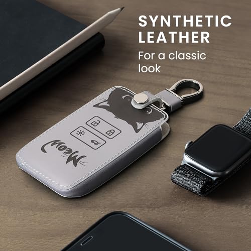 kwmobile Key Cover Compatible with Renault 4 Button Car Key Smart Key (only Keyless Go) - Faux Leather - Meow Cat Grey/Black - Image 3
