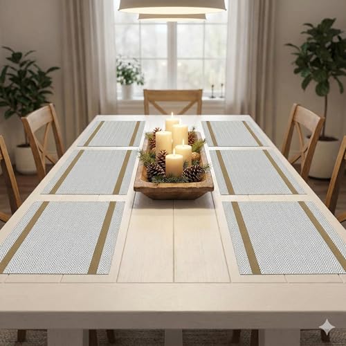 Image of YELONA Rectangular Crossweave Woven PVC Vinyl Non-Slip Insulation Heat-Resistant & Waterproof Stain Resistant Washable Placemat for Dining & Kitchen Table-(Beige & Gold,Set of 6)