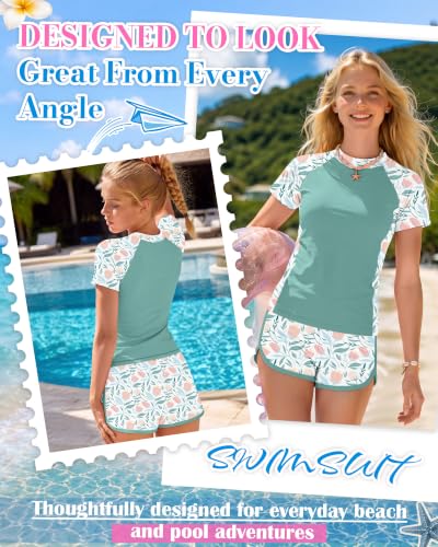 Image of Xaatren Girls 2 Piece Rash Guard Swimsuit | Quick Dry Bathing Suits, Short Sleeve Floral Beach Swimwear, Summer Tee and Boyshort Sets, Protection, Hawaiian, 7-16 Year