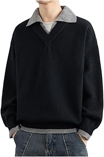 [SUKINANA] メンズ カジュアル フェイクツーピース セーター 暖かい 厚手 ニット プルオーバー 無地 コントラストカラー襟 防寒 秋冬用