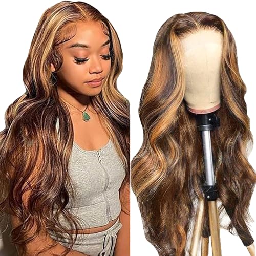 Perruque Cheveux Humain Body Wave Human Hair Wig 150% Density 4x1 Lace Closure Wig Highlight Blonde Perruque Femme Naturelle Unprocessed Remy Hair Glueless 32...