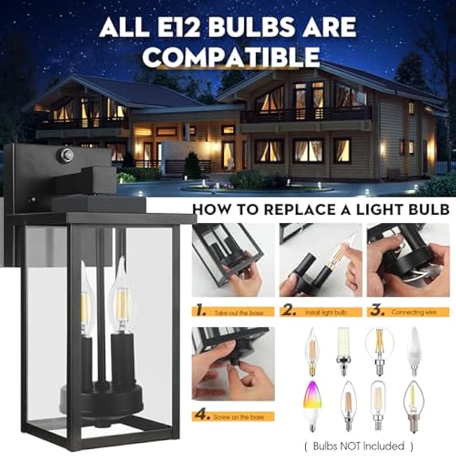 2-Light Dusk to Dawn Outdoor Wall Lights, Waterproof Exterior Lighting Fixtures with Shatterproof Glass, Rustproof Metal Outdoor Sconce Lights for Porch Garage House Exterior