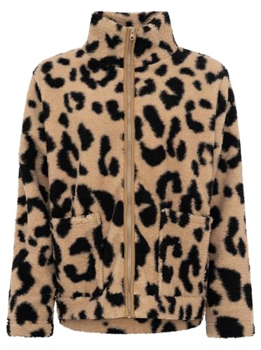 Zwillingsherz Damen Teddyjacke mit Leopardenmuster und Stehkragen Kuschelige Fleece Jacke ohne Kapuze mit Reißverschluss und Langarm Warme Übergangsjacke bequem modern