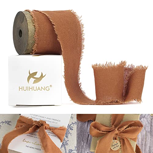 Huihuang Terracotta Cotton Linen Ribbon 1.5 Inch Handmande Rustic Frayed Edge Ribbon On Wooden Spool Fringe Fabric Ribbon For Wedding Bridal Bouquet, Invitation Tie, Baby Shower, Gift Wrap - 5 Yards #TOP21