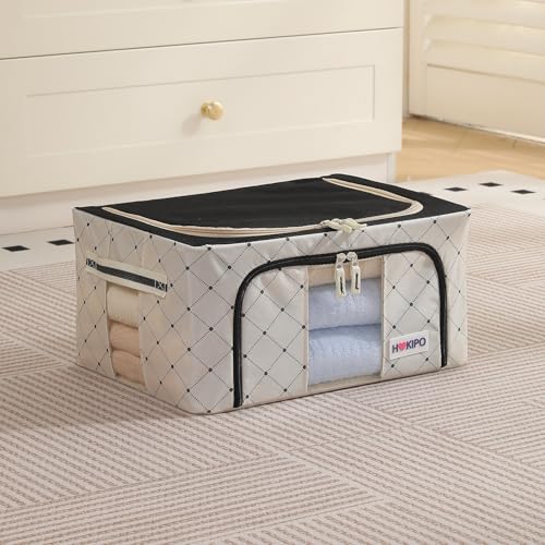 Image of HOKIPO 24L Folding Storage Box and Organiser for Clothes, 600D Oxford Fabric Storage Box, Ivory Noir Pack of 1 (AR-6484-BLK)