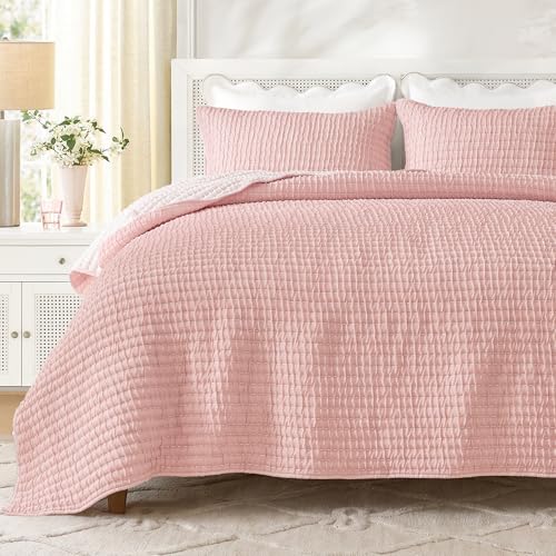 Wonderful 3PC Queen Size Textured Quilt Set - All Season Crinkle Voile Coverlet, Soft Puckered Grid Faux Hand-Quilted Bedspread, Lightweight Wrinkle-Resistant Pink Bedding with 2 Shams, 88"x88"