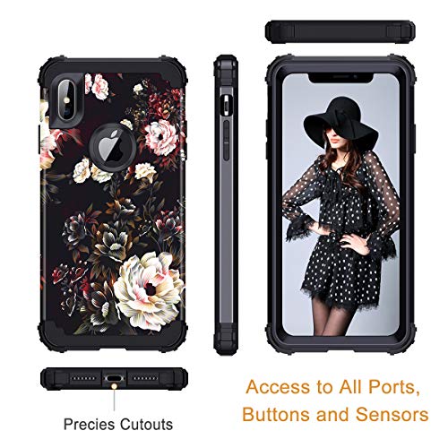 Lontect Compatible Iphone Xs Max Case Floral 3 In 1 Heavy Duty Hybrid Sturdy High Impact Shockproof Protective Cover Case For Apple Iphone Xs Max 6.5 Display, Flower/Black #TOP2