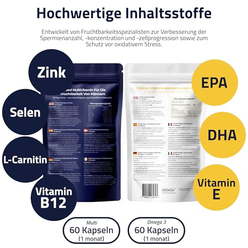 ExSeed Health - Fruchtbarkeits-Test-Set für Männer - 2 Testkits & Fruchtbarkeits-Präparate - Multivitamine & Omega 3 - Komplettes Test-Set - Testen & Verbessern Sie die Gesundheit Ihrer Spermien