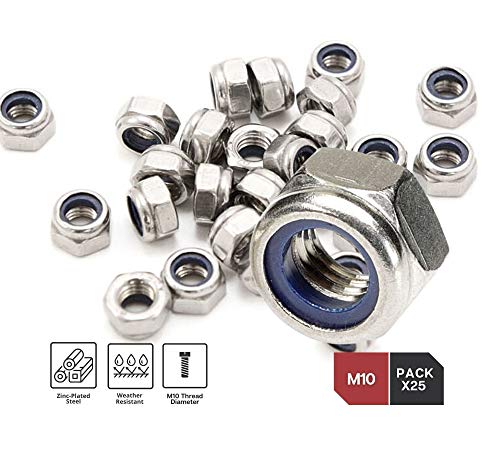 DOJA INDUSTRIAL | Selbstsichernde Muttern | M10 | 25 Stück | Verzinkter Stahl | Sechskant-Sicherungsmuttern | Mutter Sortiment Set | Sechskantmutter mit Nylon | Selbstsichernd Kontermutter