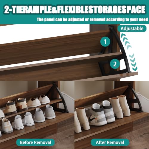 Image of Shoe Cabinet for Entryway with 3 Flip Drawers, Walnut Tall Wood Shoe Storage Cabinet with Coat Rack, Narrow Hidden Slim Freestanding Shoe Rack Organizer, 2 in 1 Hall Tree for Living Room, Hallway