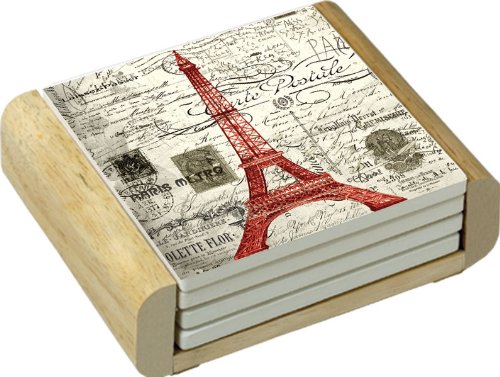 CounterArt Absorbent Coasters in Wooden Holder, Vintage Paris Design, Set of 4