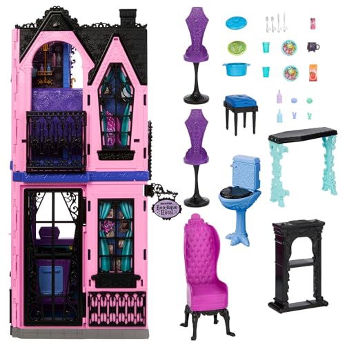 Miniatura 6 de Monster High Hotel Buuuutique Casa de muñecas, conjunto de juego plegable con sorpresas espeluznantes en cada habitación y más de 13 piezas, incluidos muebles y accesorios, JBF16