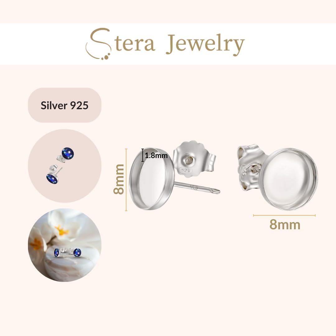 Stera Jewelry 4 Pcs (2 Pairs) Round Setting 925 Sterling Silver 8 mm Bezel Cups Stud Earrings with Post & Butterfly Backs