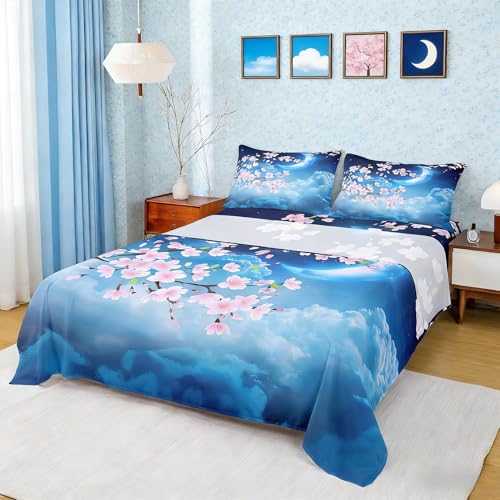 Castle Fairy Floral Bed Sheet Set King 4 Piece,Japanese Style Cherry Blossom Fantasy Night Sky,Quality Brushed Microfiber Bedding Set with Flat,Fitted Sheet,2 Pillow Cases,Blue