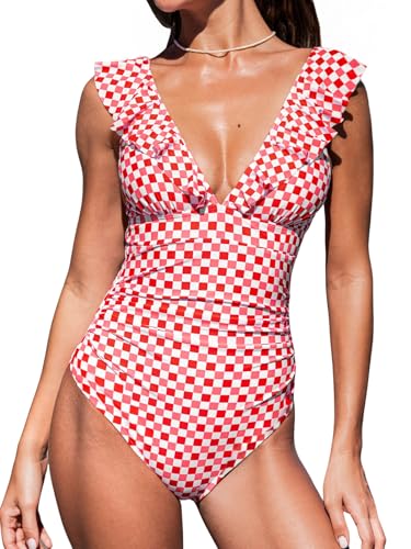 CUPSHE Damen Badeanzug Rüschen V Ausschnitt Monokinis Bauchweg Einteilige Bademode Swimsuit Rot Rosa Karo L 1