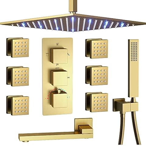 Juego completo de ducha termostática de 4 vías de oro cepillado con cabezal de ducha de lluvia LED Cover