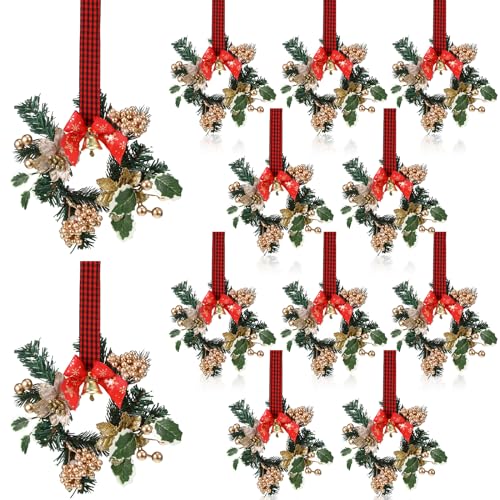 Ideas for Decorating Kitchen Cabinets for Christmas with Festive Bows & Wreaths 5 Zeyune 12 Pcs Christmas Kitchen Cabinet Wreaths with Plaid Bow Ribbon Hanging Cabinet Doors Wreaths Decorative for Kitchen Window Outdoor Indoor Holiday Decor, 14.96 x 7.87''