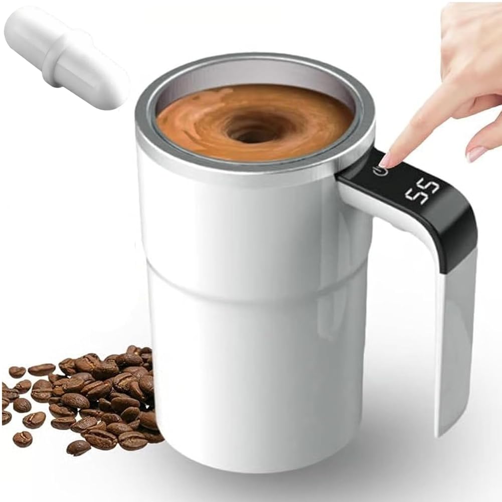 Vjsujehgy Electric Coffee Mug with A Built-in LCD Thermometer 380ML/13OZ Rechargeable Self Stirring Mug 304 Stainless Steel Perfect for Brewing Coffee Milk Cocoa A