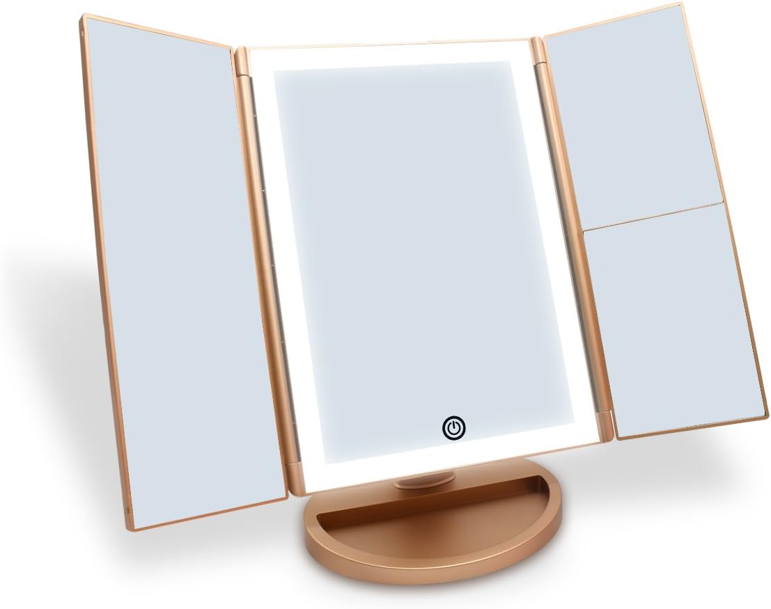 CZW LED Lighted Vanity Makeup Mirror with 3X/2X Magnification, Touch Screen, Trifold Mirror with Dual Power Supply, 180° Free Rotation Countertop Cosmetic Mirror(Gold)