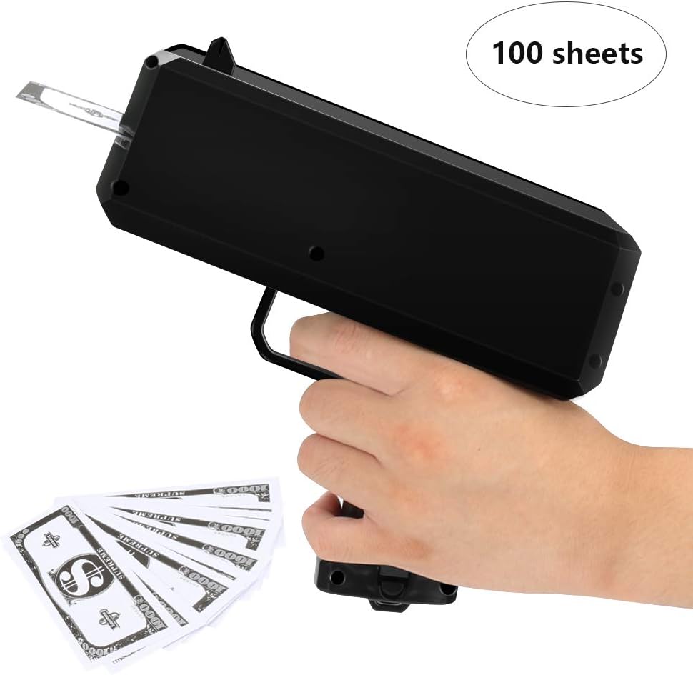 CestMall Super Money Guns, Paper Playing Spary Cash Cannon Money Gun Make it Rain Toy Gun, Handheld Cash Gun Fake Bill Dispenser Money Shooter with 100 Pcs Play Money(Black)
