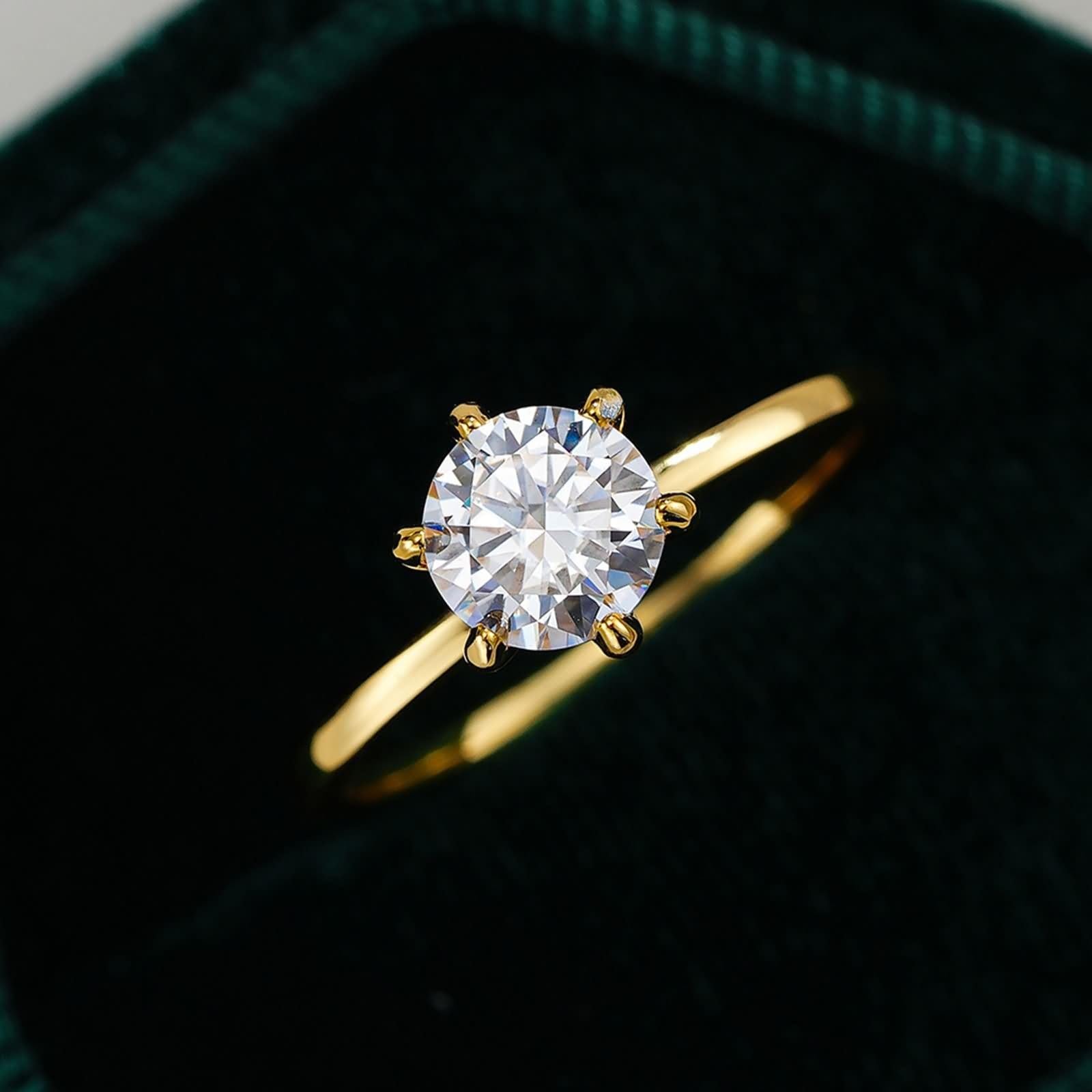Anillos para mujer, anillo fino para mujer, pulgar de 6 dientes, solitario redondo con 2 quilates de moissanita, oro amarillo de 14 quilates, talla 47 (15.0)