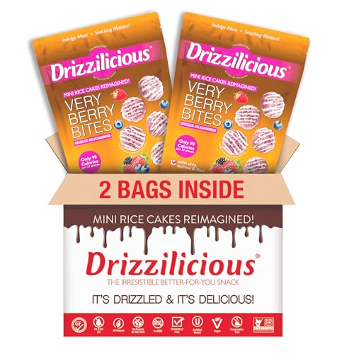 Drizzilicious Mini Flavored Rice Cakes Very Berry - Rice Crisps, Healthy Snack for Adults and Kids, Vegan, Gluten Free Snack, Allergen Free, Only 90 Calories Per 21 Pieces - 4 oz (Pack of 2)