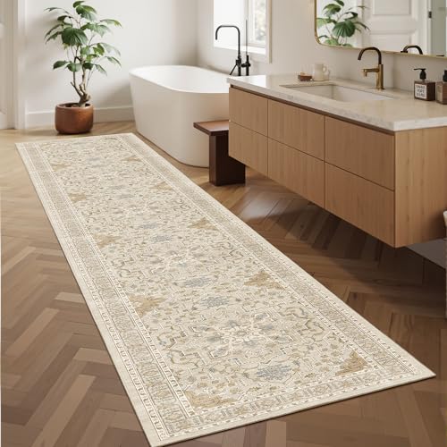 Madane Hallway Runner Rug 2x12, Long Washable Runner Rugs 12ft with Rubber Backing, Non Slip Carpet Runner, Vintage Rug Runners for Kitchen Laundry Room Entryway (Beige/Blue, 2'x12')