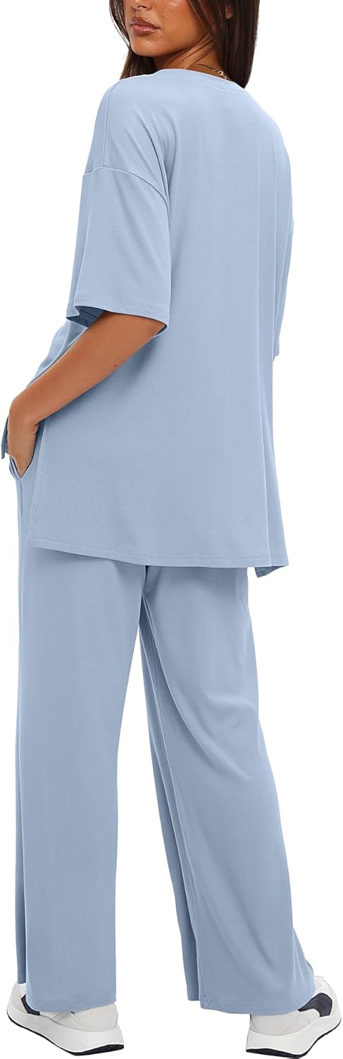 Darong Women's Two Piece Sets Casual Short Sleeve Top Wide Leg Pants Lounge Matching Set Travel Vacation Airport Outfits - Image 2