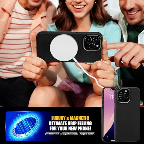 Image of Genuine Leather Case for iPhone 15 Pro Compatible with Magsafe Black | Non-Slip Pebbled Leather, Stylish, Slim Fit, Super Magnetic, Compatible with Wireless Charging, Metal Buttons, Camera Bezel